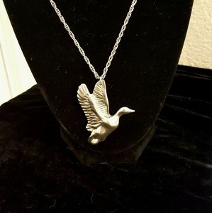 Antique Canadian Goose Pendant Necklace, Pewter